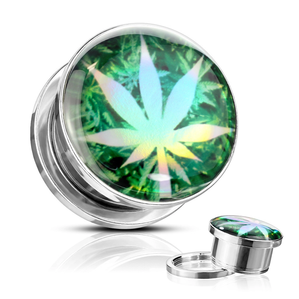 Plug do ucha z 316L ocele - list marihuany na zelenom podklade, glazúra  - Hrúbka: 22 mm