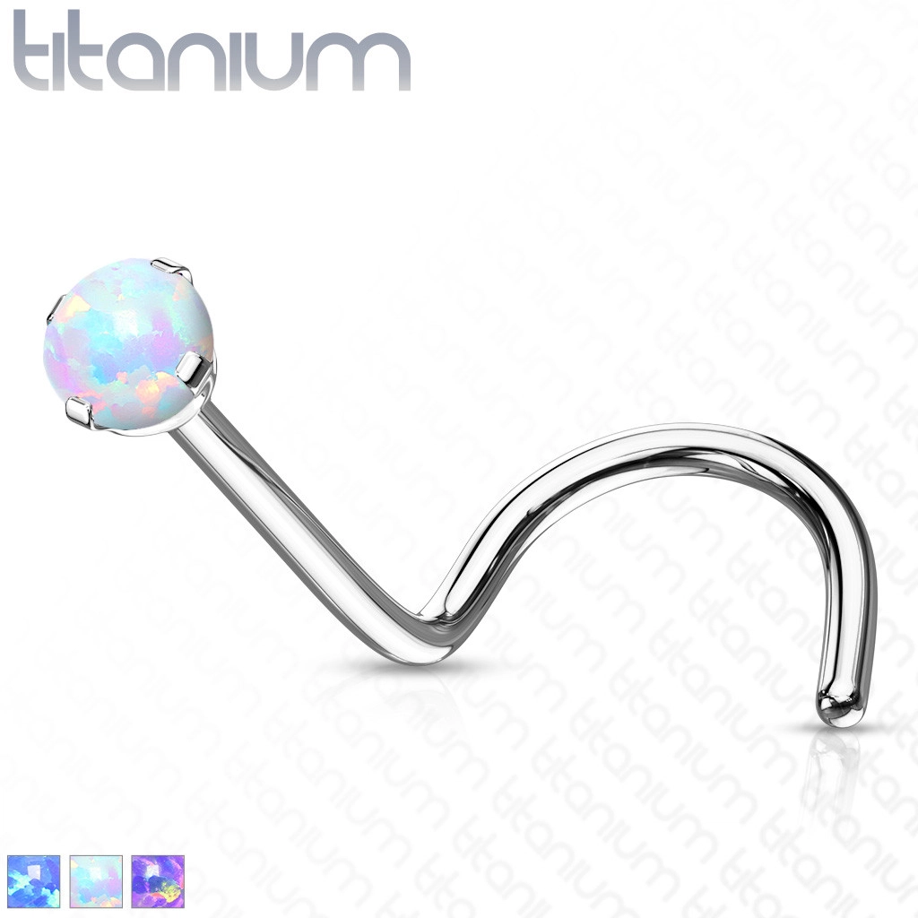 Titánový zahnutý piercing do nosa - syntetický opál, dúhové odlesky, 0,8 mm - Farba: Biela