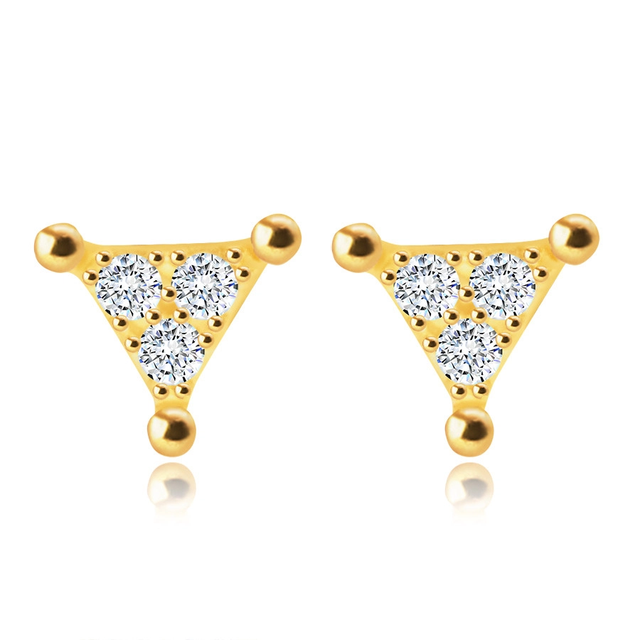 Diamantové puzetové náušnice v žltom 14K zlate - trojuholník s čírymi briliantmi