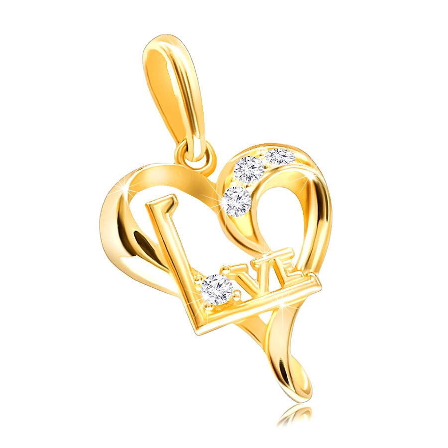 Diamantový prívesok zo žltého 375 zlata - línie malého srdca, číre brilianty, nápis \