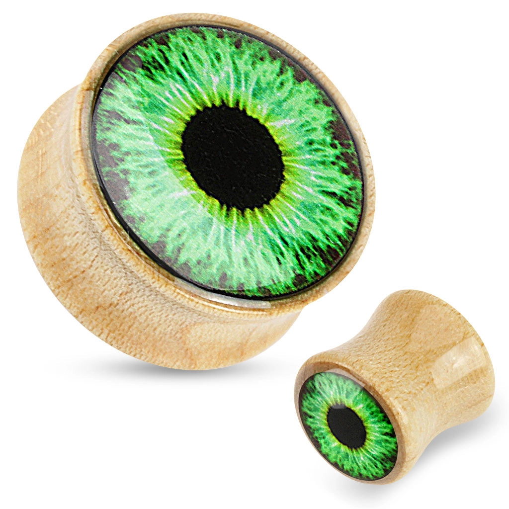 Plug do ucha z dreva - svetlohnedá farba, priehľadná glazúra, zelené oko - Hrúbka: 12 mm