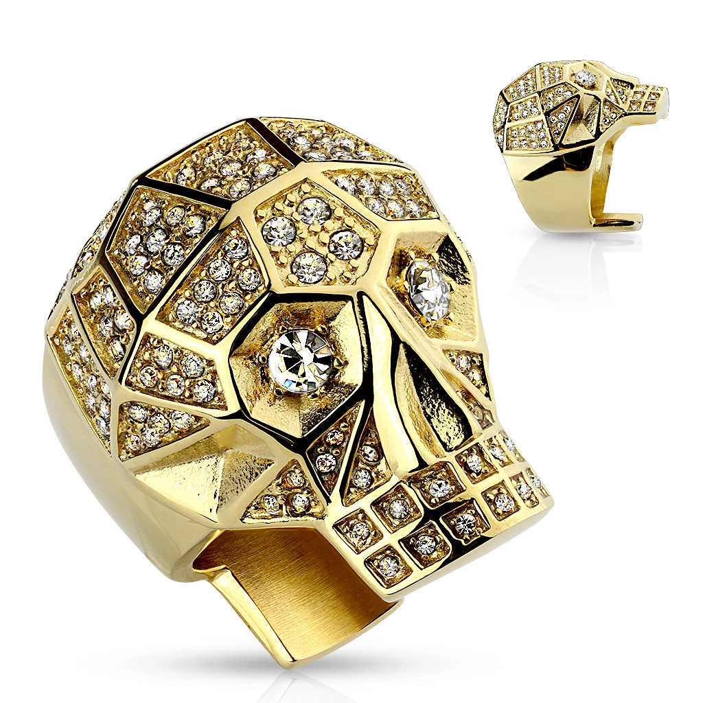 Mohutný prsteň z ocele 316L, zlatá farba, lebka, číre krištále - Veľkosť: 67 mm
