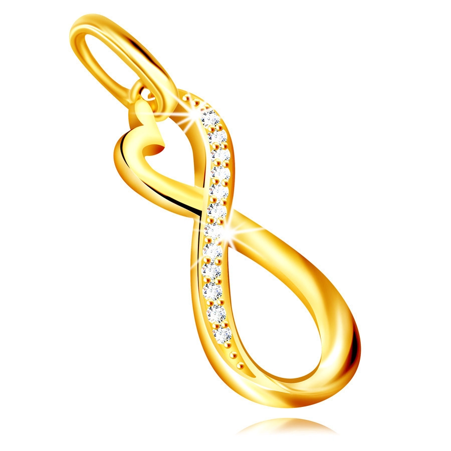 Zlatý prívesok 375 - asymetrický symbol INFINITY, okrúhle zirkóniky v čírom odtieni
