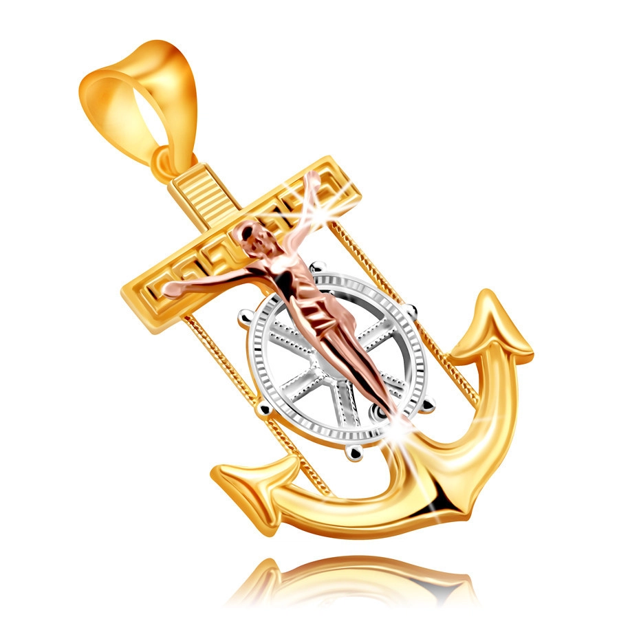Prívesok z kombinovaného 9K zlata - námornícka kotva s Ježišom na kríži