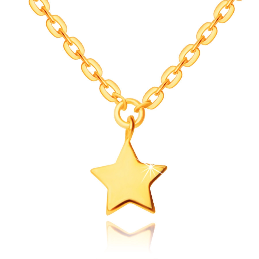Náhrdelník zo 14K žltého zlata - prívesok v tvare hviezdičky, lesklá retiazka s plochými očkami