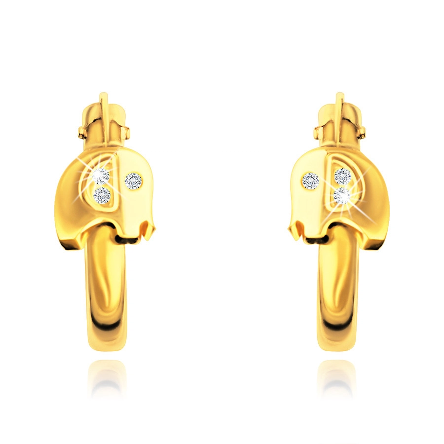 Zlaté 14K náušničky - krúžky, malý slon s čírymi zirkónmi, 12 mm