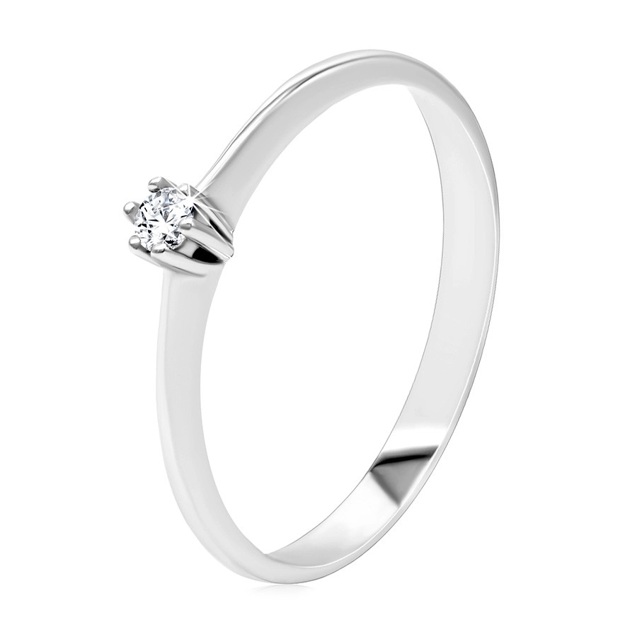 Briliantový prsteň z bieleho 585 zlata - tenké hladké ramená, číry diamant v kotlíku - Veľkosť: 51 mm