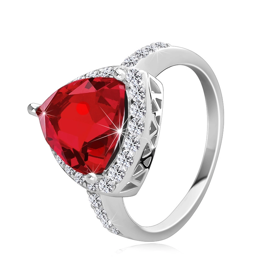 Strieborný 925 prsteň, mohutný červený zirkón - trojuholník, drobné zirkóniky, výrezy - Veľkosť: 48 mm