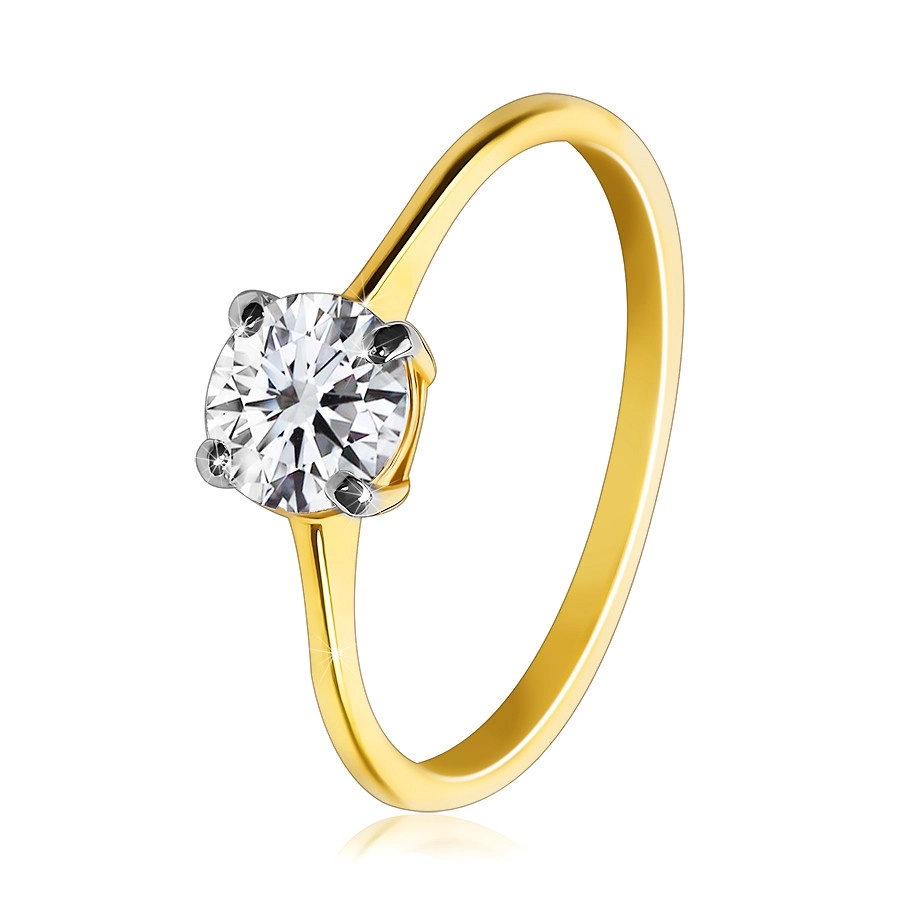Zlatý prsteň v kombinovanom 14K zlate - tenké ramená, brúsený výrazný zirkón vo vyvýšenom kotlíku - Veľkosť: 56 mm