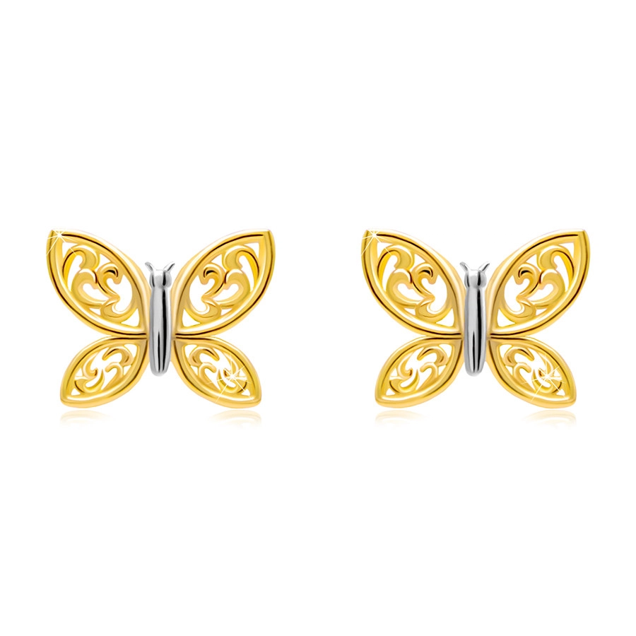 Náušnice zo 14K kombinovaného zlata - dvojfarebný motýľ s vyrezávanými krídlami, puzetky
