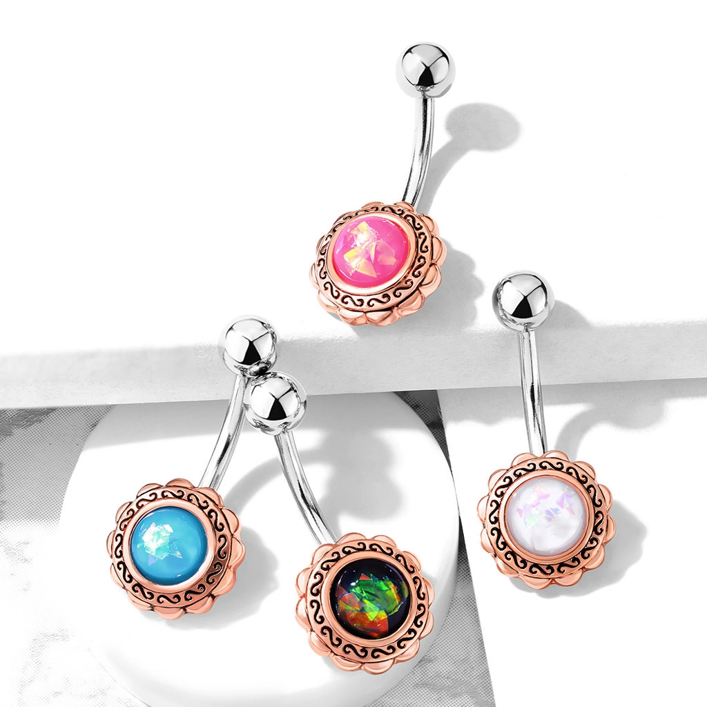 Oceľový piercing do pupka - filigránový kvet so syntetickým opálom, rôzne farby - Farba: Ružová