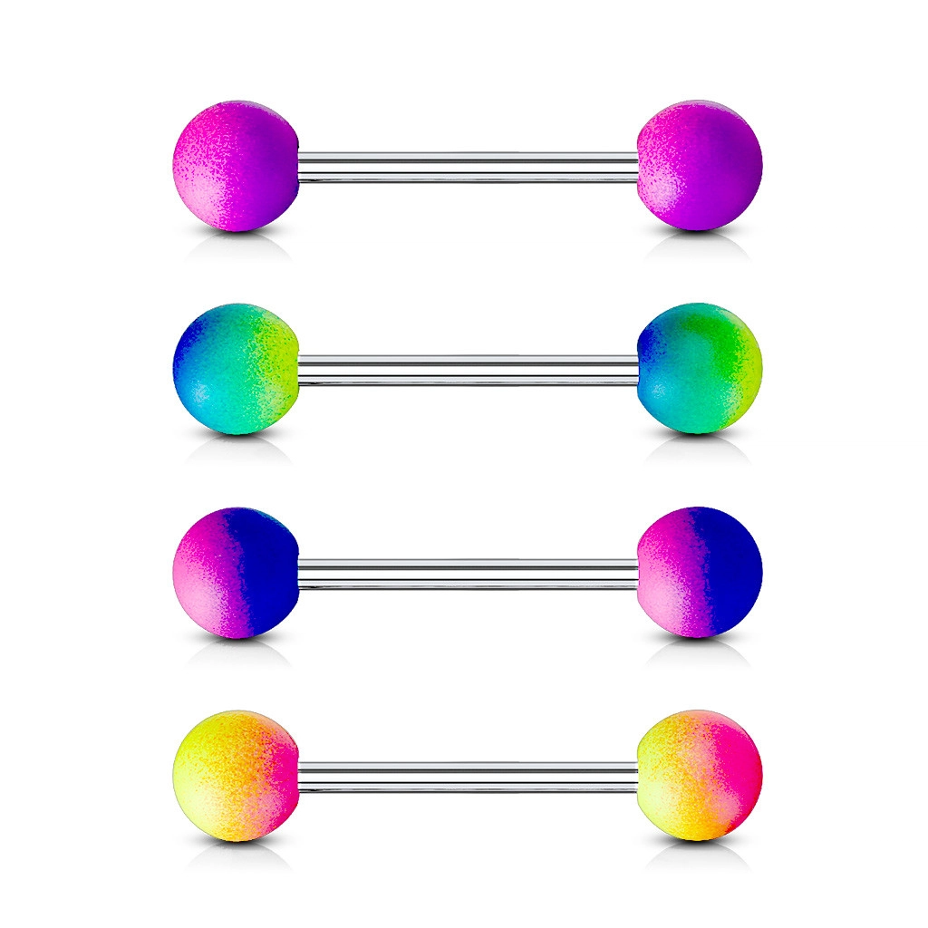 Piercing z ocele 316L do jazyka - činka s dvojfarebnými pogumovanými guličkami - Farba piercing: Fialová - Ružová