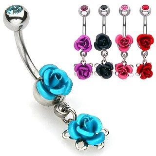 Oceľový piercing do pupka - rozkvitnuté metalické ruže, ródiovaný - Farba: Aqua modrá