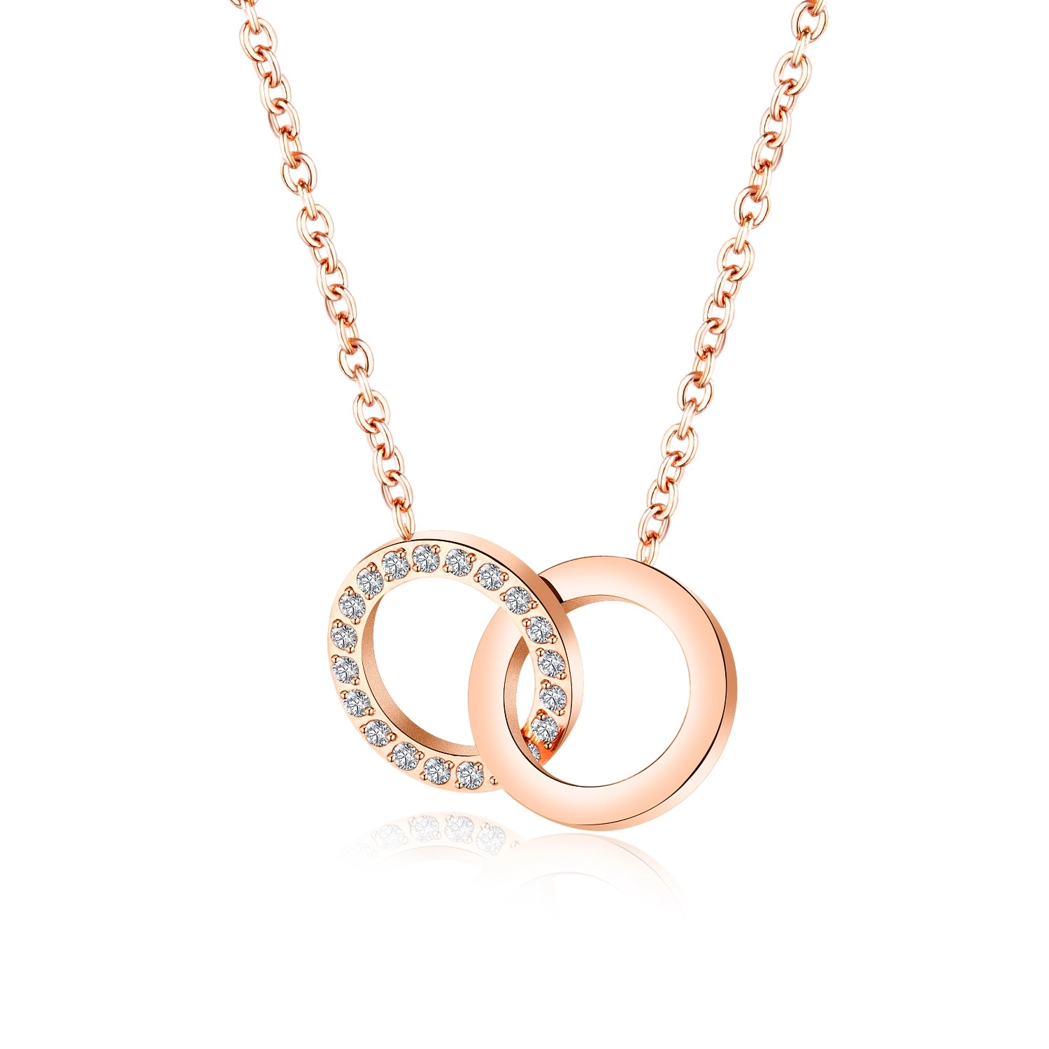 Oceľový náhrdelník v medenej farbe - spojené prstene, číre zirkóny