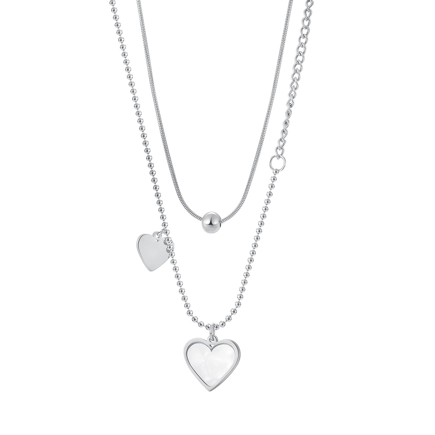 Dvojitý náhrdelník z ocele 316L - hladké a perleťové srdce, lesklá guľôčka