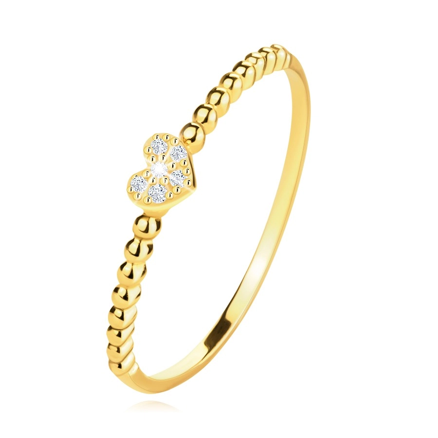 Zlatý 14K prsteň – srdiečko so zirkónmi, vrúbkované ramená - Veľkosť: 51 mm