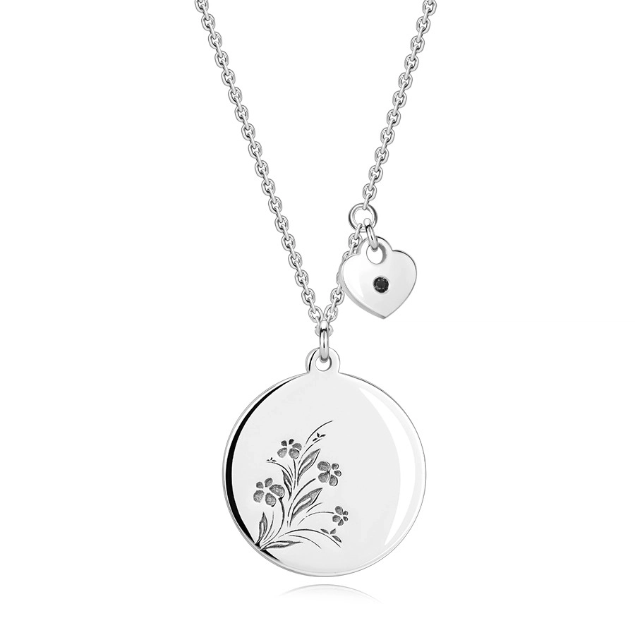 Strieborný 925 náhrdelník - čierny diamant, srdiečko, kruh s kvetmi