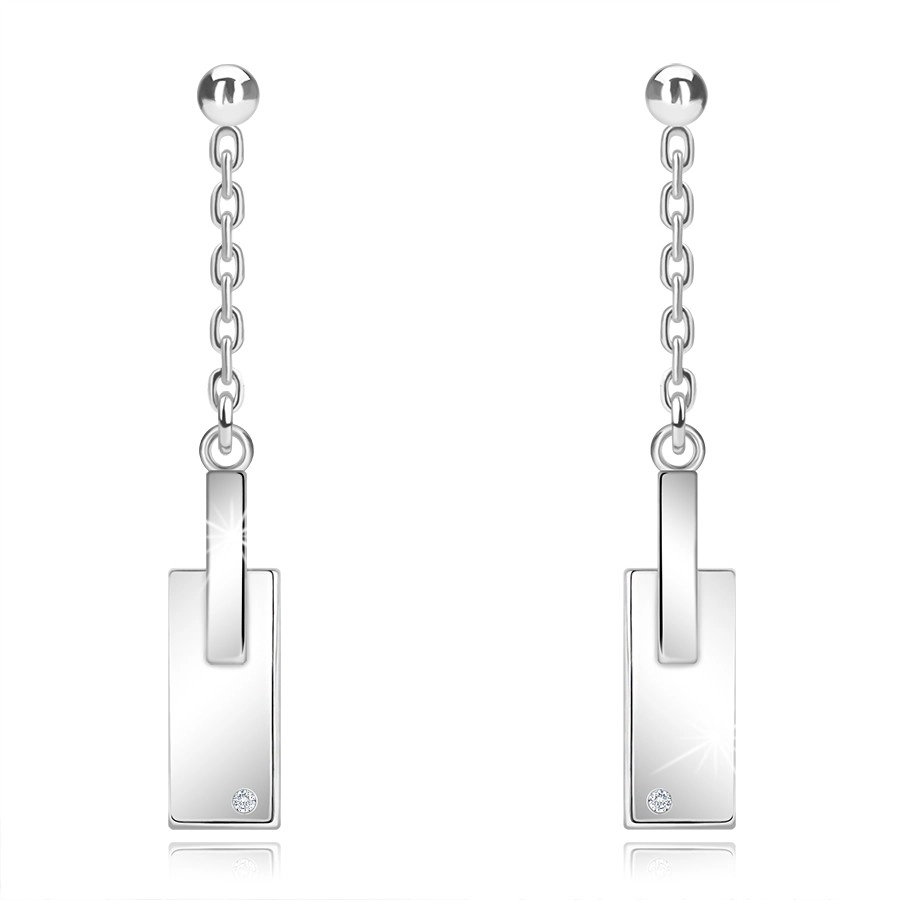 Strieborné náušnice 925 - číry diamant, hladký obdĺžnik, krátka retiazka, puzetky
