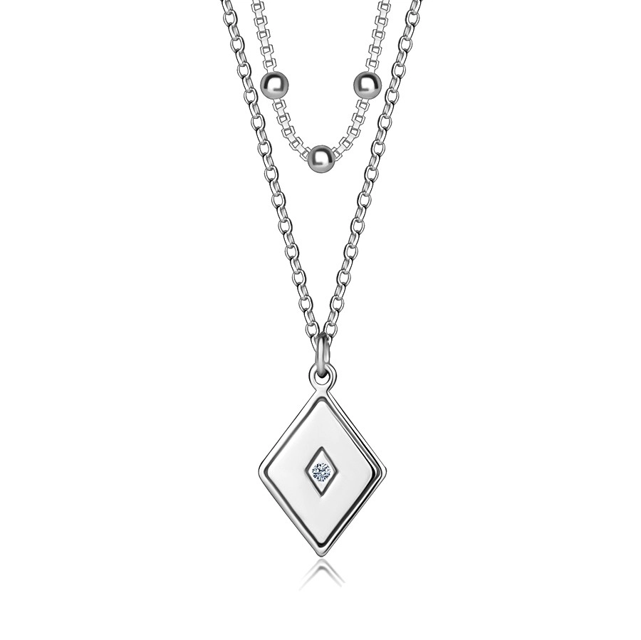 Dvojitý náhrdelník zo striebra 925 - kosoštvorec s čírym diamantom uprostred, hladké guličky
