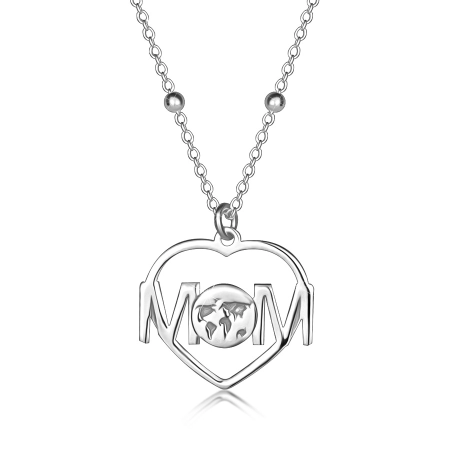Strieborný 925 náhrdelník - kontúra srdca, nápis MOM, mapka sveta, pérový krúžok 