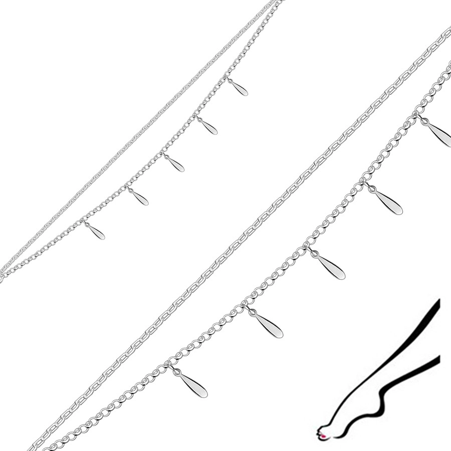 Náramok na členok v striebre 925 - lesklé visiace kvapky, dvojitá retiazka