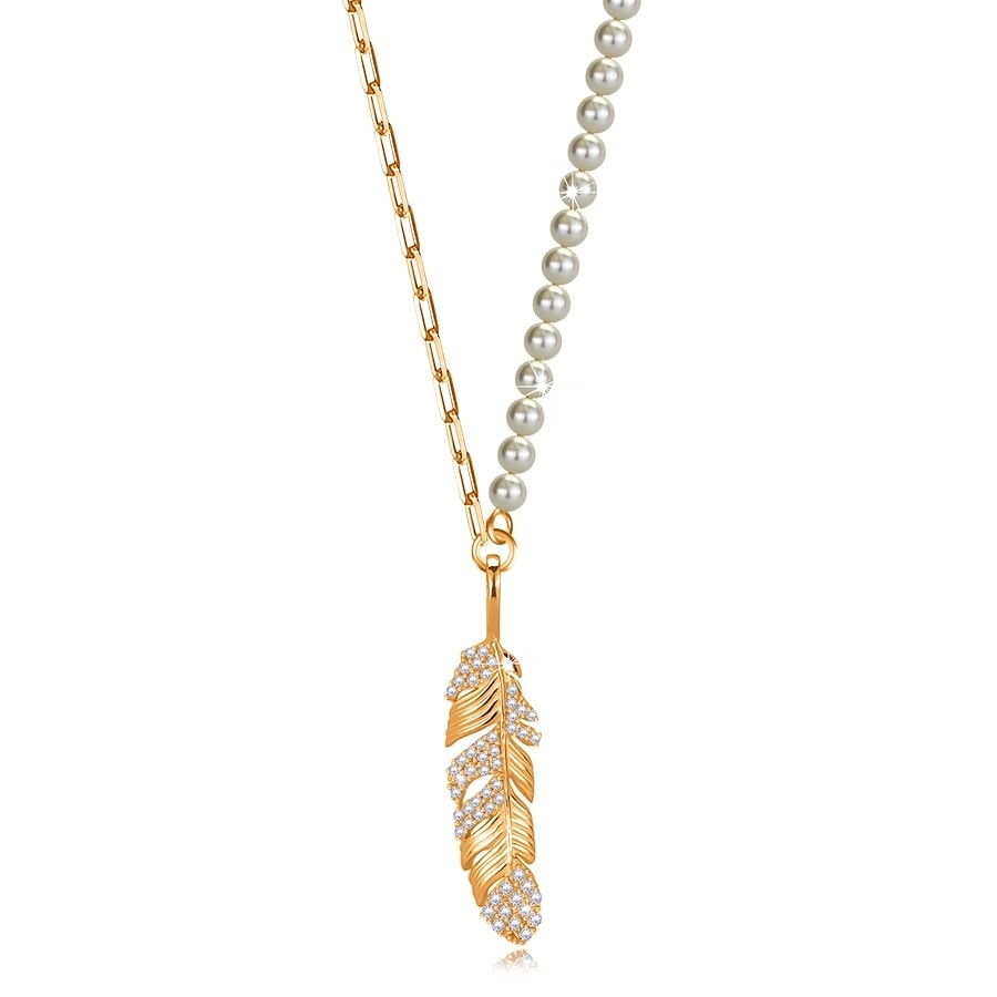 Strieborný 925 náhrdelník - medená farba, biele syntetické perly, pierko so zirkónmi