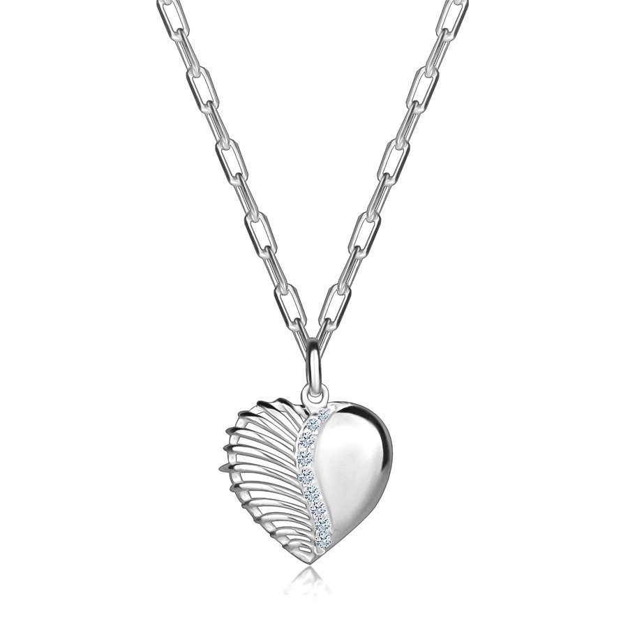 Strieborný náhrdelník 925 - okrídlené srdce, zirkónová línia, retiazka z oválnych očiek