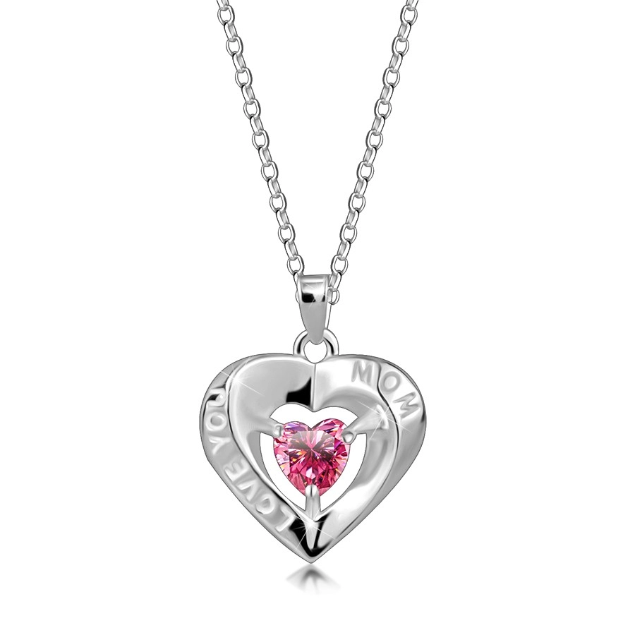 Strieborný 925 náhrdelník - obrys srdca, ružový srdiečkový zirkón, nápis \