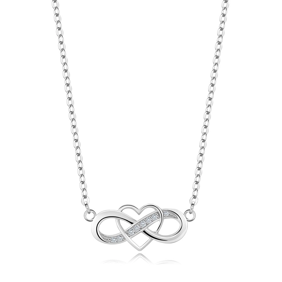 Strieborný náhrdelník 925 - symbol nekonečna, tenký obrys srdca, číre zirkóny