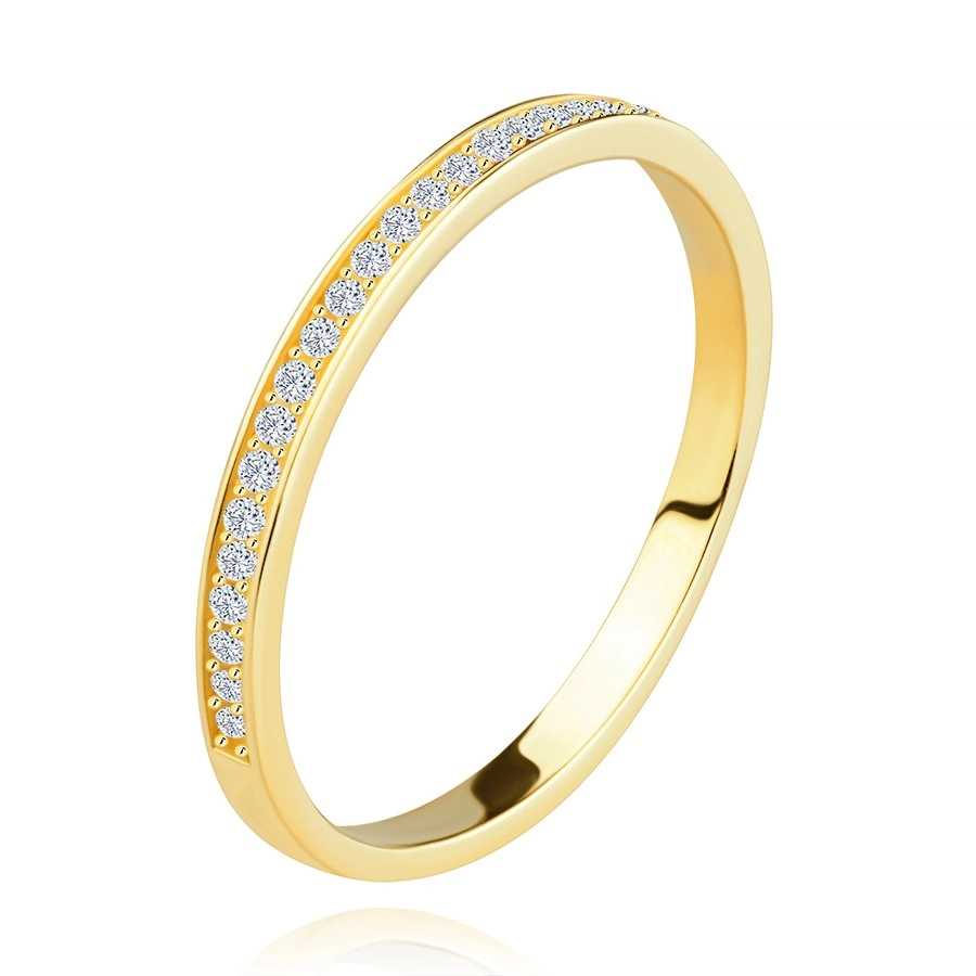 Zlatý 585 prsteň v žltom prevedení - línia okrúhlych zirkónov, hladký lem, 1,8 mm - Veľkosť: 52 mm