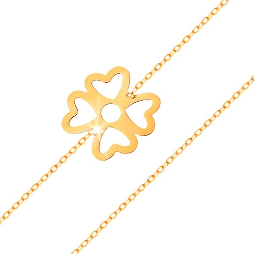 Náramok zo žltého zlata 585 - symbol šťastia - štvorlístok s výrezmi, lesklá retiazka