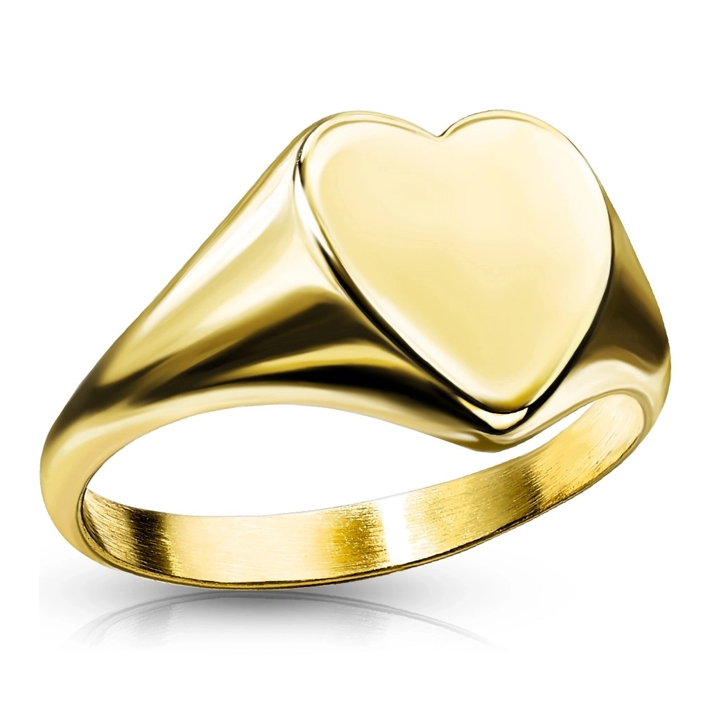 Prsteň z ocele 316L - ploché hladké srdce, zlaté farebné prevedenie - Veľkosť: 49 mm