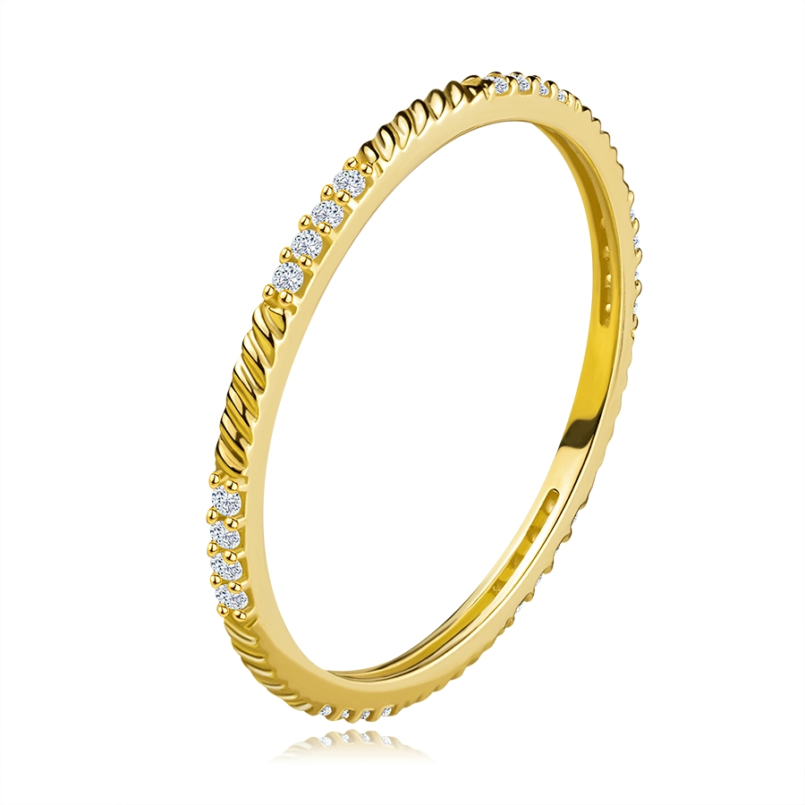 Jemný prsteň v žltom zlate 585 - línia okrúhlych zirkónov, šikmé zárezy - Veľkosť: 60 mm