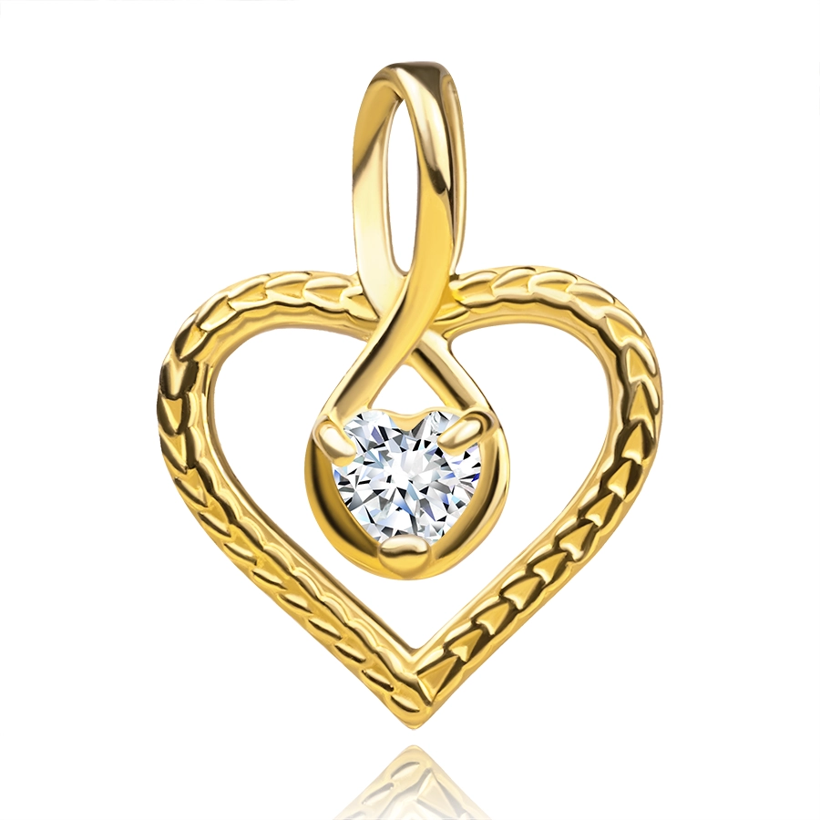 Prívesok zo žltého zlata 375 - štruktúrované srdce, zirkón v obryse kvapky