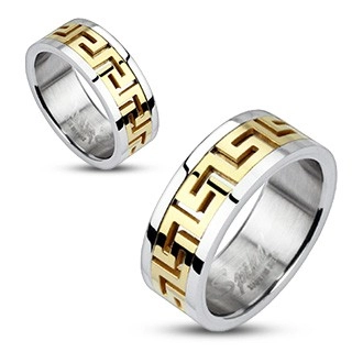 Oceľový prsteň striebornej farby - vsadený grécky motív zlatej farby - Veľkosť: 64 mm