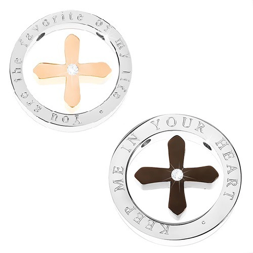 Prívesok pre pár - čierny a medený kríž v obruči striebornej farby s nápisom