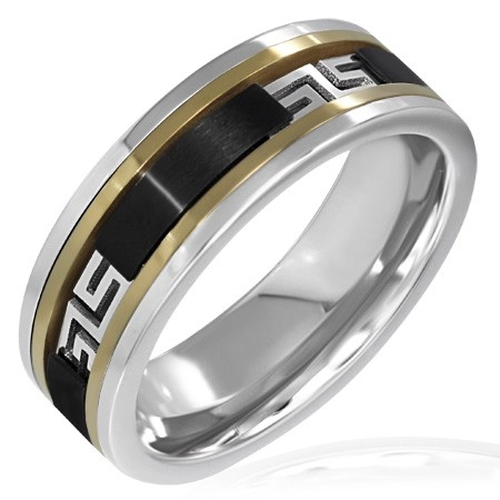 Trojfarebný prsteň - čierny pás, grécky vzor - Veľkosť: 60 mm