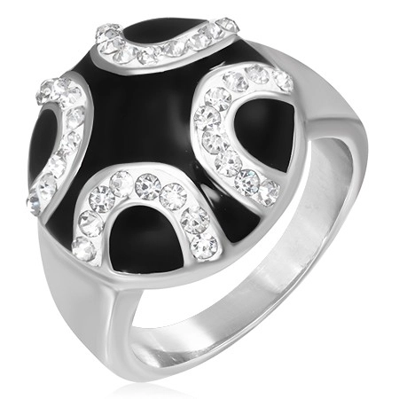 Oceľový prsteň - zirkónové polkruhy na čiernom podklade - Veľkosť: 58 mm
