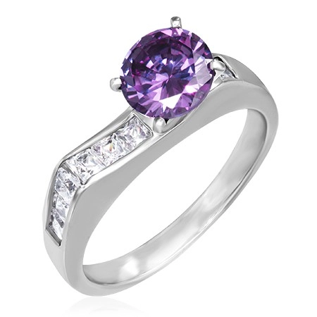 Prsteň z ocele - výrazný fialový zirkón, štvorcové číre zirkóny - Veľkosť: 60 mm
