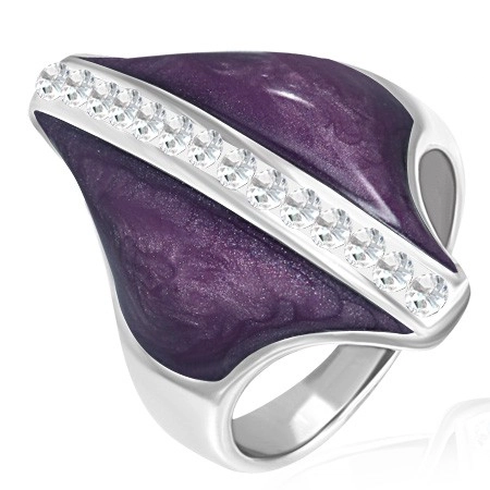 Oceľový prsteň - fialový kosoštvorec, zirkónový pás - Veľkosť: 54 mm