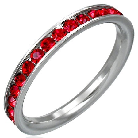 Prstienok z ocele s červenými zirkónmi po obvode - Veľkosť: 50 mm