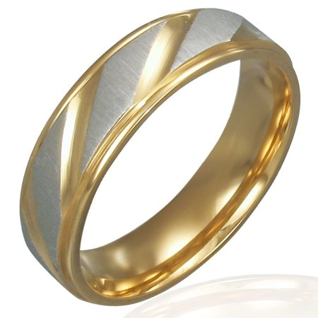 Obrúčka z ocele - zlato-strieborná farba, diagonálne ryhovanie - Veľkosť: 57 mm