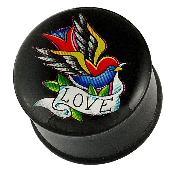 Plug do ucha - pestrofarebný vtáčik, stuha a nápis LOVE - Hrúbka piercingu: 14 mm