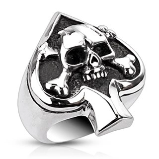 Prsteň z ocele s kartovým symbolom a lebkou - Veľkosť: 62 mm