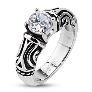 Oceľový dekoratívny patinovaný prsteň so zirkónom - Veľkosť: 51 mm