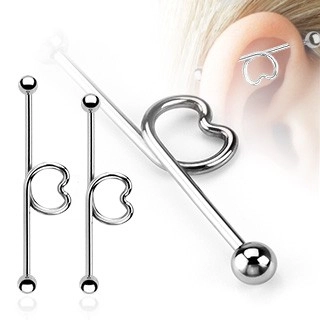 Oceľový piercing do ucha - činka so srdcom a guličkami - Dĺžka piercingu: 35 mm