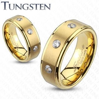Tungstenový prsteň s brúseným pásom a troma zirkónmi - Veľkosť: 55 mm, Šírka: 8 mm