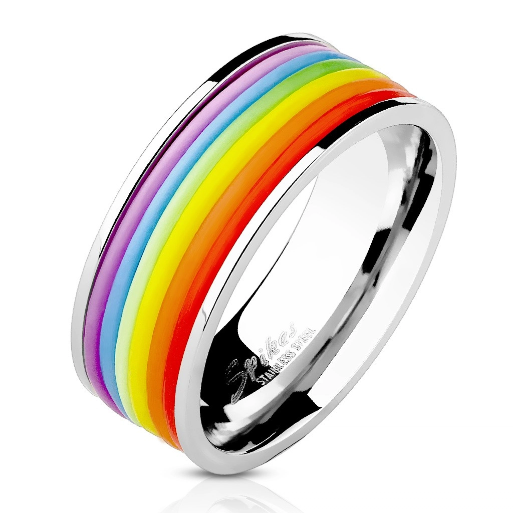 Oceľový prsteň s dúhovým gumeným stredom - Veľkosť: 54 mm