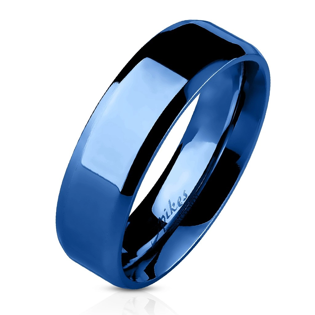 Oceľový prsteň - modrá plochá obrúčka, 6 mm - Veľkosť: 60 mm