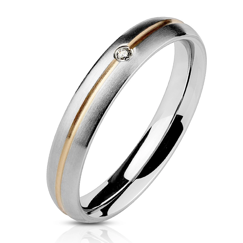 Oceľový prsteň - strieborná farba, stredová ryha zlatej farby a zirkón - Veľkosť: 57 mm